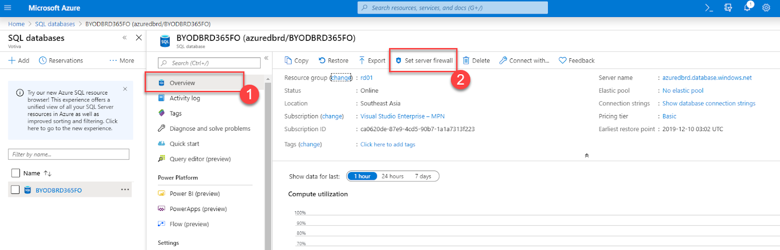 SQL databases 
+ Add (D Reservations 
Microsoft Azure 
Hame > SQL databases > BYODBRD365FO (azuredbrd/3YODBRD365F0) 
Name 
Search resources, sernces, and docs (G+/) 
BYODBRD365FO (azuredbrd/BYODBRD365FO) 
SQL 
• More 
COPY O Restore 
Resource group (ch:nG) 
Status 
Location 
Subscription (change) 
Subscription ID 
Tags (change) 
Delete 
Connect with.„ 
Search [Ctrl 
Overview 
Activity log 
Tags 
Diagnose and solve problems 
Quick start 
Query editor (preview) 
Power Platform 
Power 31 (preview) 
PowerApps (preview) 
Flow (preview) 
Settings 
Export 
: rd01 
: Online 
O Set server firewall 
C) Feedback 
Try our new Azure SQL resource 
browser! This experience offers 
unified view of all yur SQL Server 
resources in Azure as well as 
improved sorting end filtering. Click 
here to go to the new experience. 
Filter by name.„ 
BYODBRD365FO 
: Southeast Asia 
: Visual Studio Enterprise— MPN 
. G0620de-87eg-4cd5-90b7-1e1a7313f223 
: Click here to add tags 
: azuredbrd.database.windows.net 
Server name 
Elastic pool 
. No elastic pool 
Connection strings 
: Show database connection strings 
Pricing tier 
: Basic 
Earliest restore point : 
2019-12-10 03:02 UTC 
7 days 
Compute utilization