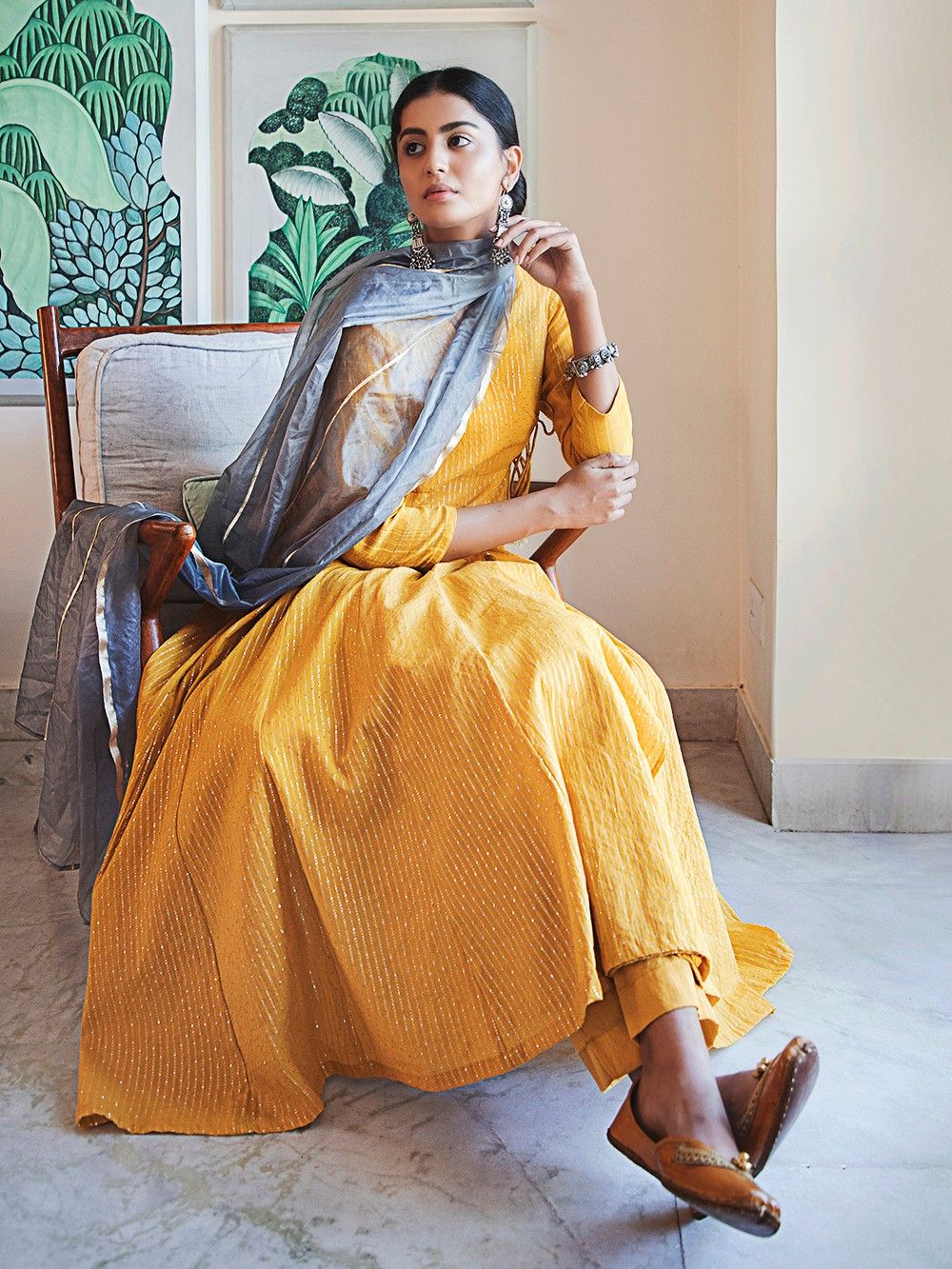 the loom - Mustard Yellow Striped Cotton Dobby Angrakha Suit