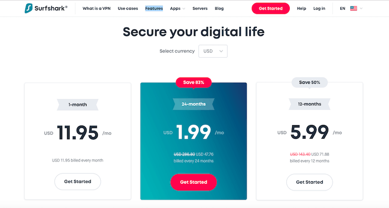 Precios de Surfshark VPN 