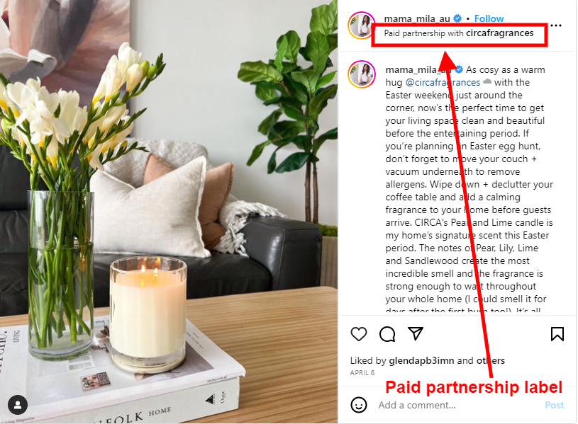 Paid partnership label on an Instagram post