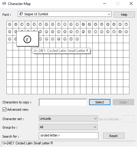 searching for Circled R symbols text in character map view