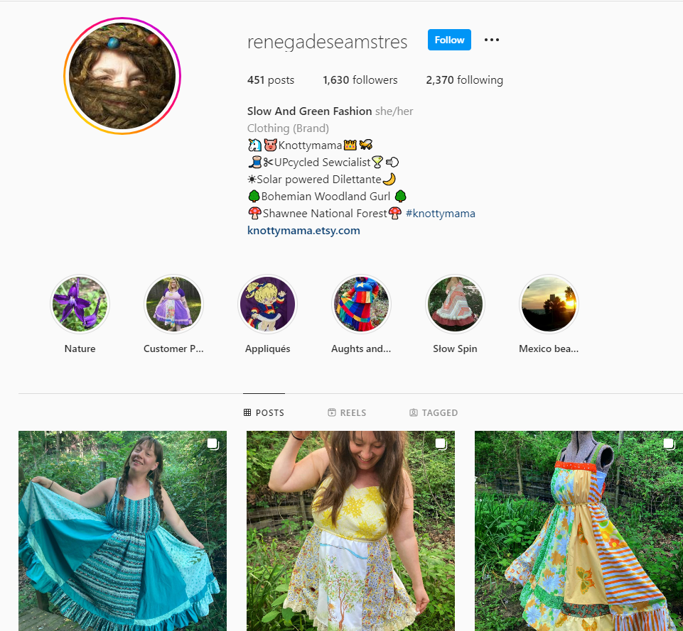 And instagram profile for renegadeseamstres where images are shown of colorful color blocked dresses.