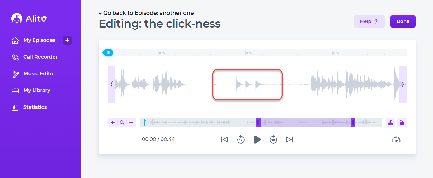 Details of waveform in Alitu's editing feature.