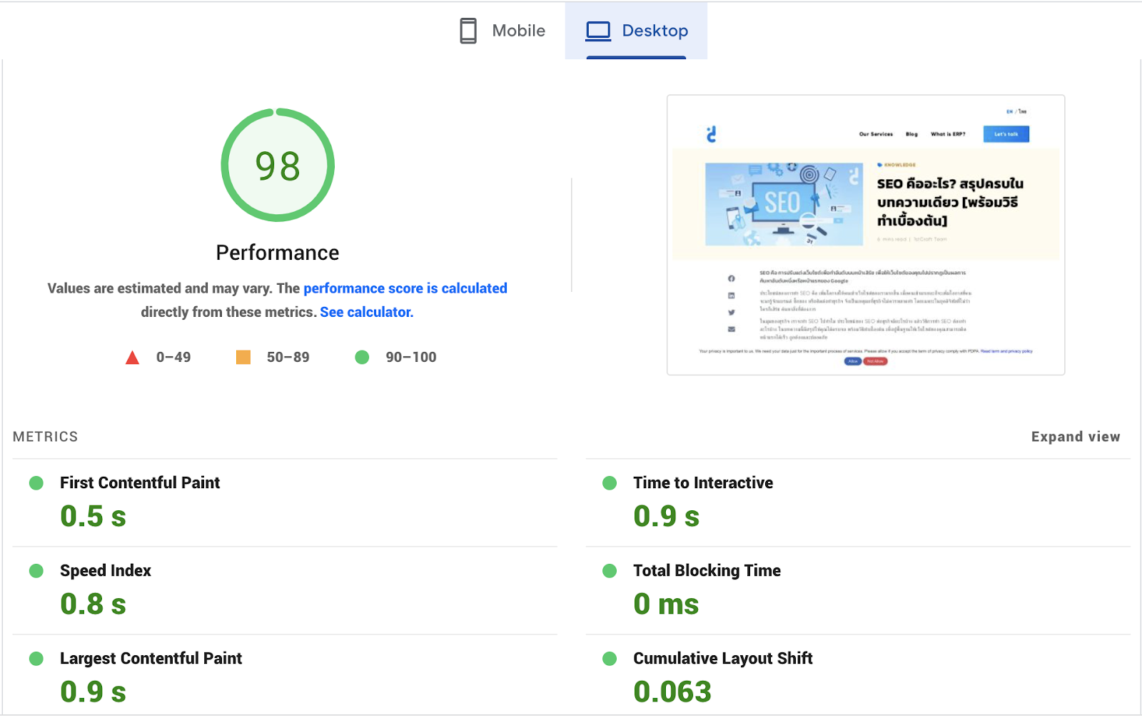 ภาพตัวอย่างการใช้งาน PageSpeed Insights