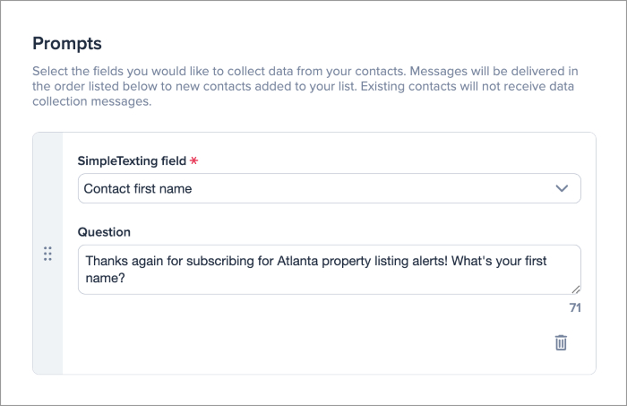 Screenshot of setting up SimpleTexting's data collection feature to gather real estate contacts' first names