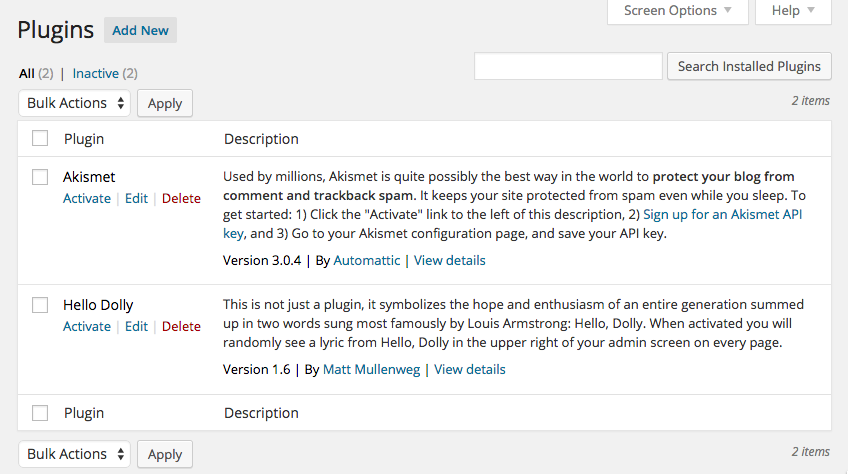 Plugins installed by default in WordPress: Akismet and Hello Dolly
