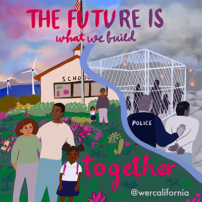 Title text "The Future is what we build together" with 2 images one with a bright future with clean air, wind mills, schools, and other is dark with people incarcerated