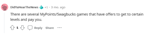 Reddit user suggesting MyPoints or Swagbucks as ways to earn gift cards by playing games. 