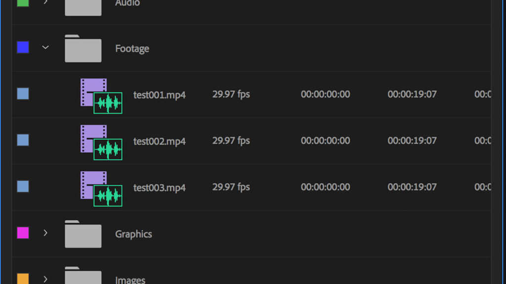 screenshot of bin folder structure in Premiere Pro, which when setup properly, saves you time