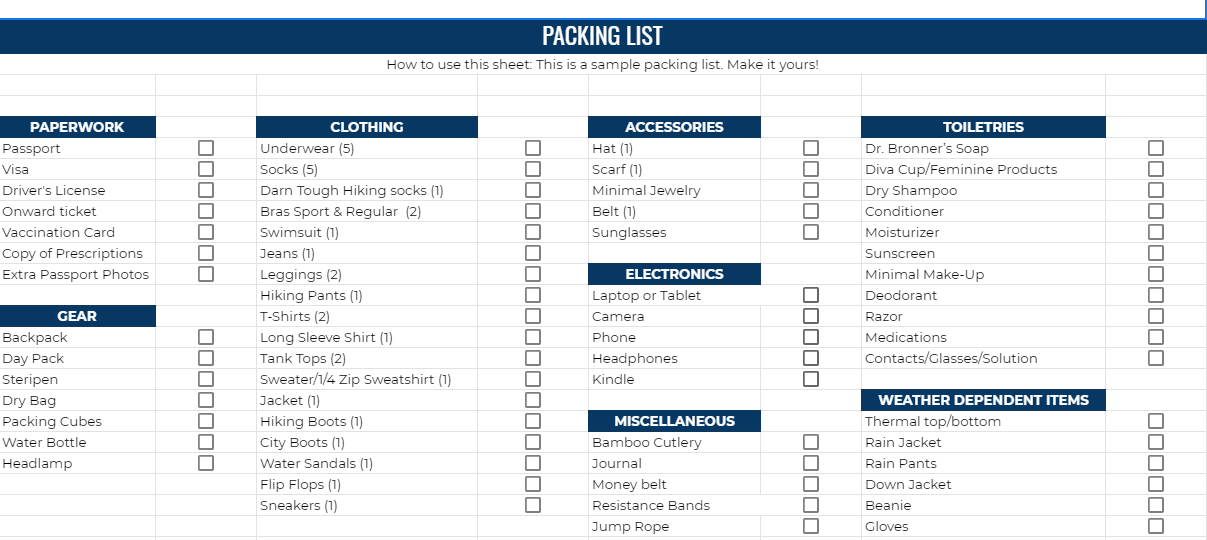 packing list spreadsheet