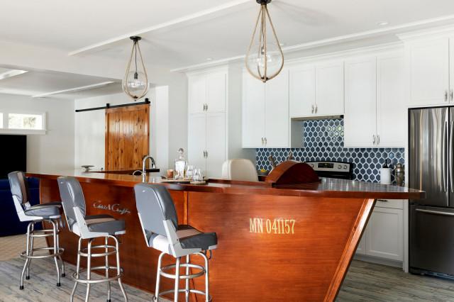 A custom built-in bar with original Christ Craft boat seats. 