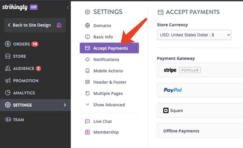 It shows the steps for adding Stripe to Strikingly.