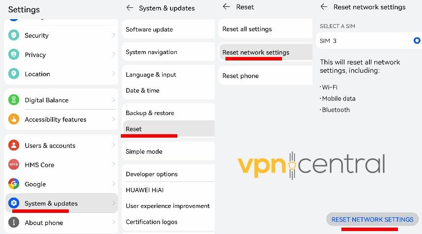 android system & updates reset network settings