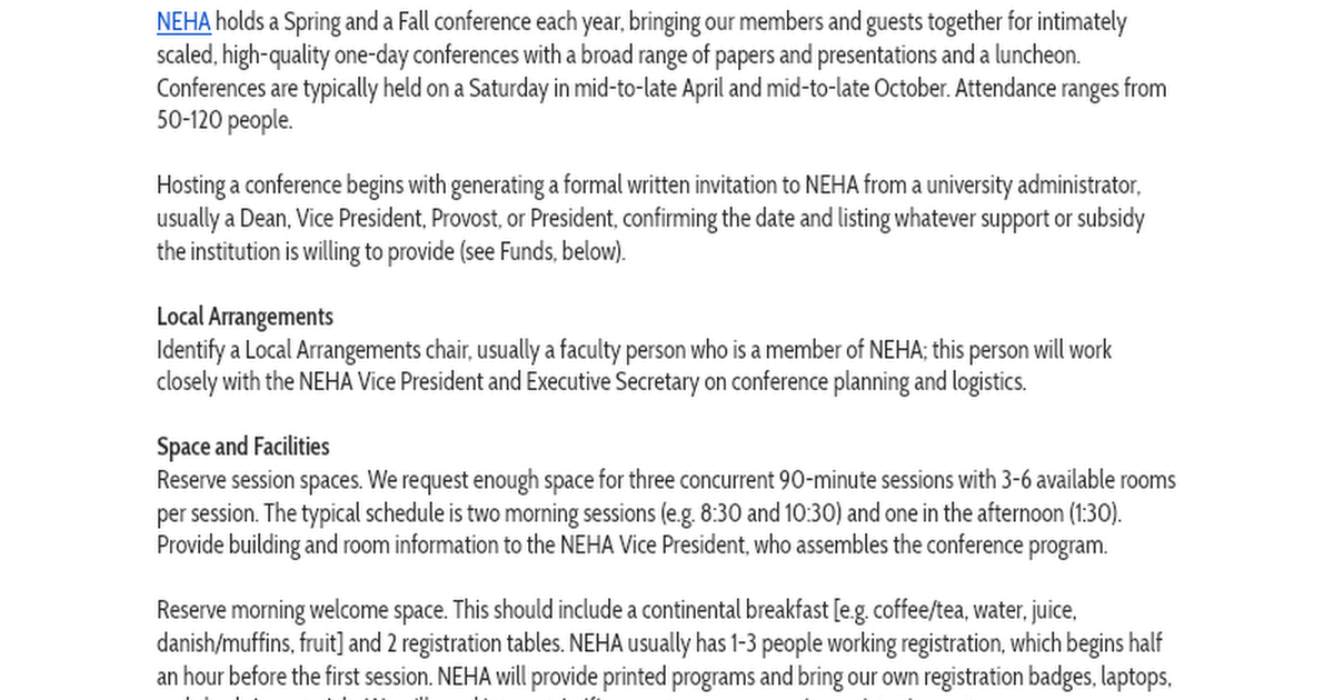NEHA Conference Hosting Google Docs