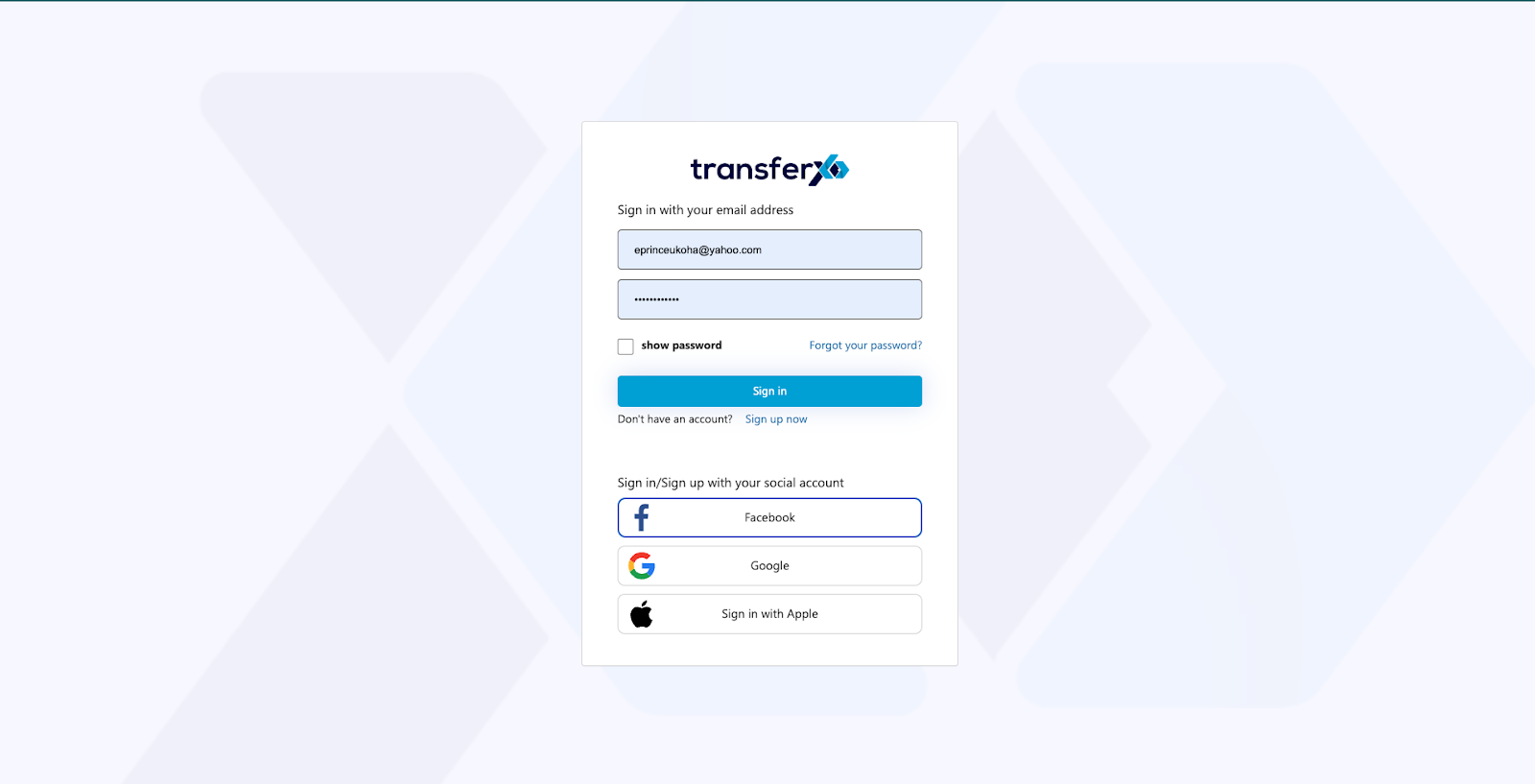 TransferXO Login Page