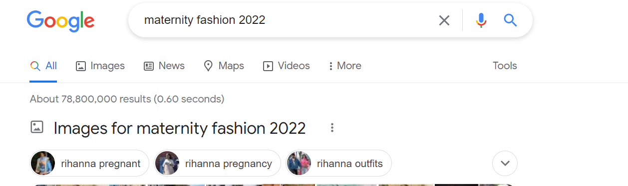 a screenshot showing Google suggested related keywords to maternity fashion 2022