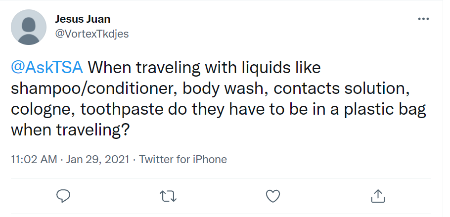 Twitter user question about bringing toothpaste on a plane