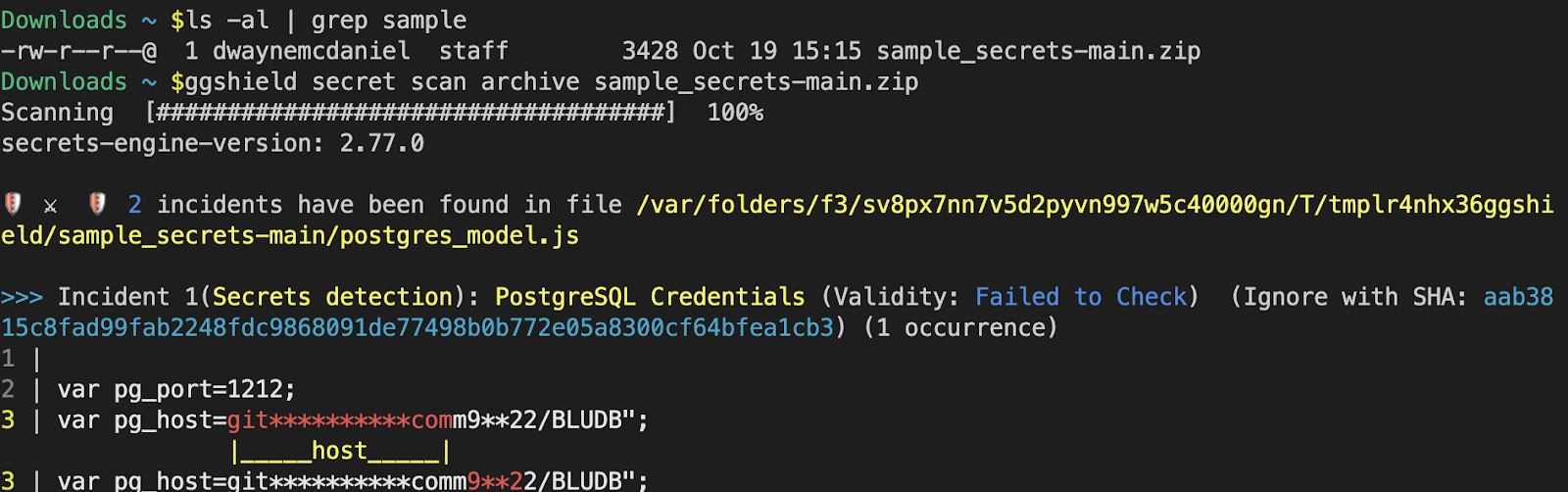 l s command showing sample_secrets-main.zip and the output of ggshield secret scan archive sample_secrets-main.zip finding a secret.
