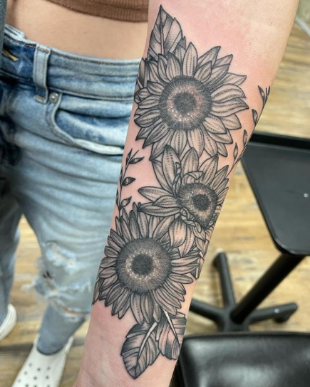 Black-Line Sunflower Tattoo On Arm