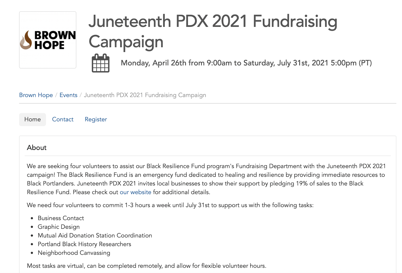 Brown Hope Juneteenth Fundraising Campaign page on GivePulse
