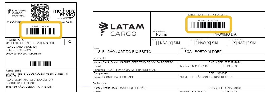 Exemplo de e-minuta da LATAM Cargo