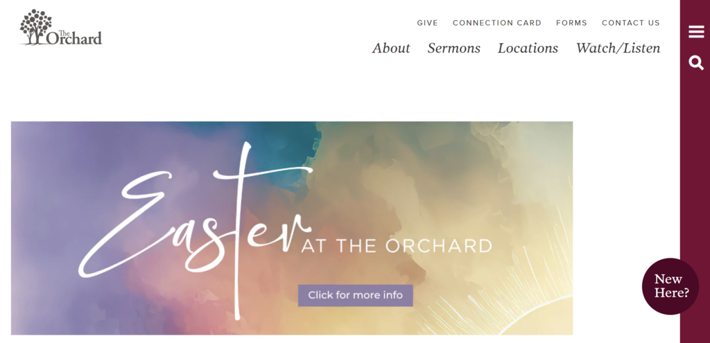 Página inicial do site da igreja The Orchad