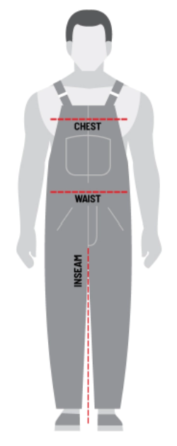 Diagram showing the measurements to take for sizing men's overalls, with a list of sizes to choose from.