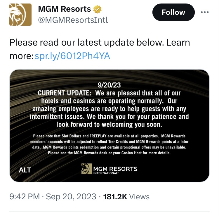 MGM Resorts' Systems Restored