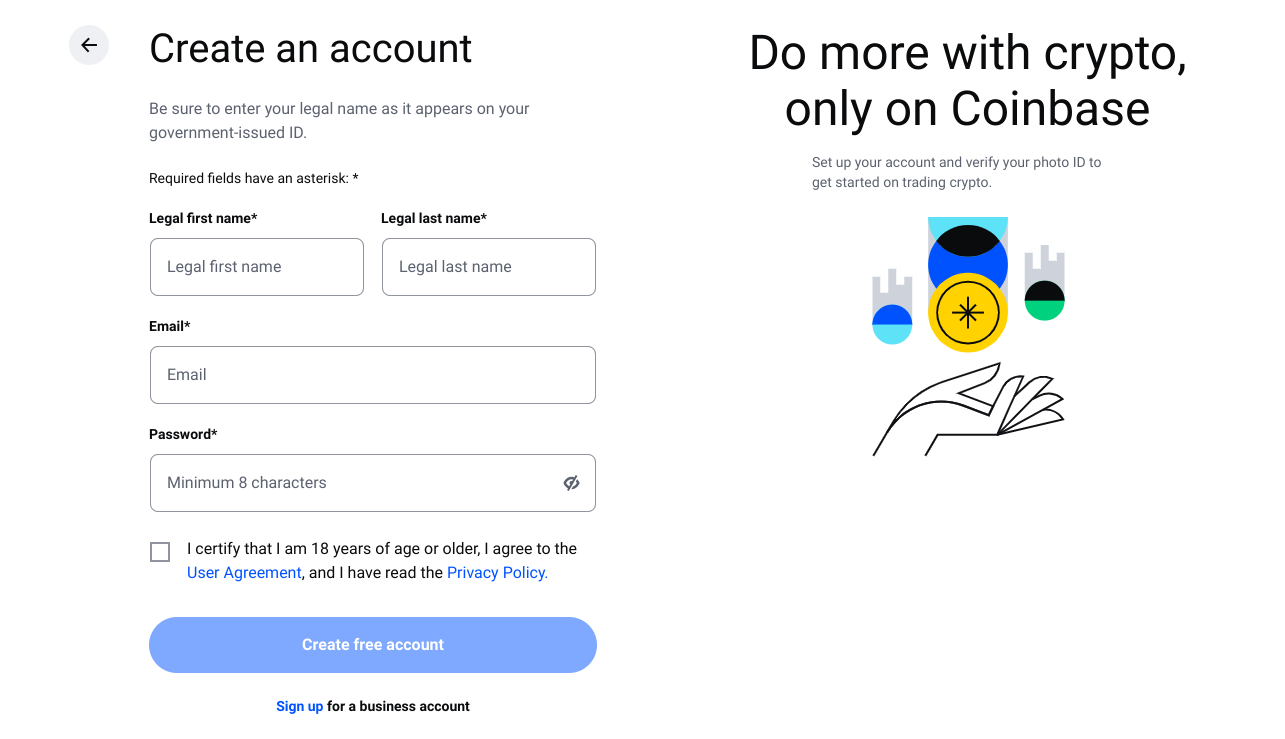 Coinbase sign up details page