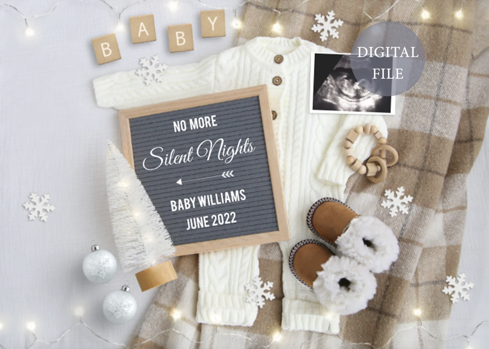 "No More Silent Nights" editable baby announcement