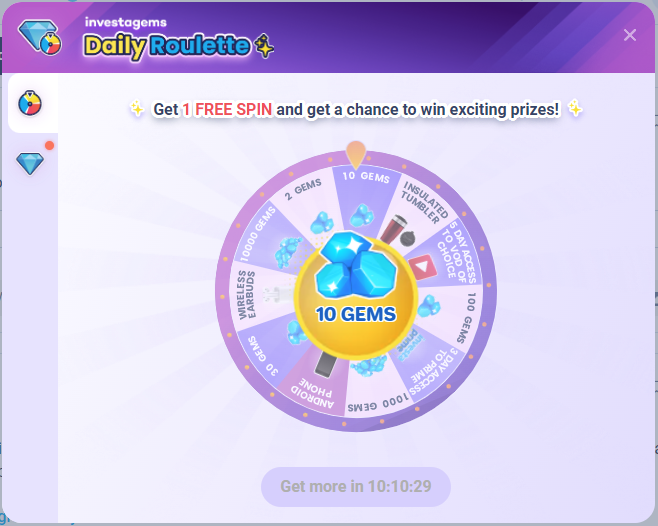investagems dailyroulette get 1 free spin