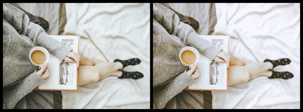 Montagem com 2 fotos da mesma mulher lendo um livro mostrando o antes e depois da edição.