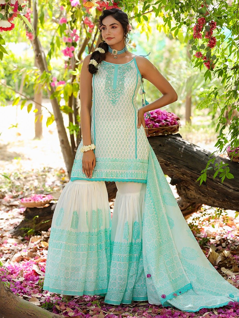 the loom-White Turquoise Hand Block Printed Mulmul Embroidered Gharara Suit