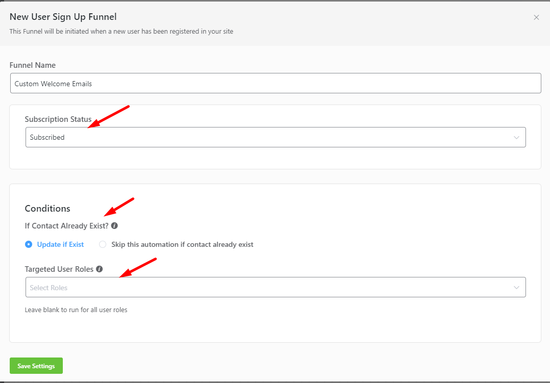 configuring fluentcrm new user registration trigger