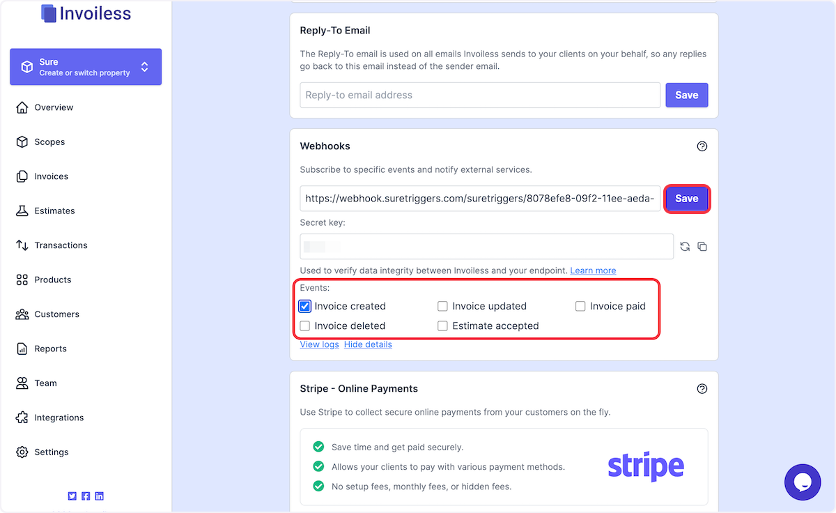 Choose the desired event for which you want to receive the webhook response and then press the "Save" button.