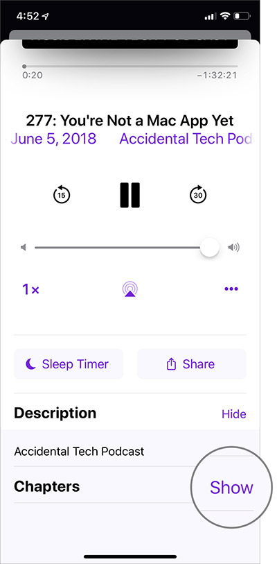 Tap on Show next to Chapters in Podcasts App
