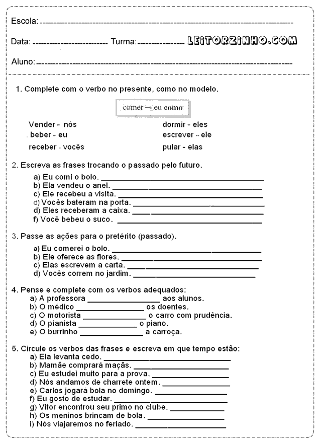 complete com o verbo no presente, como no modelo | Atividades com verbos,  Classes de palavras, Tempos do verbo