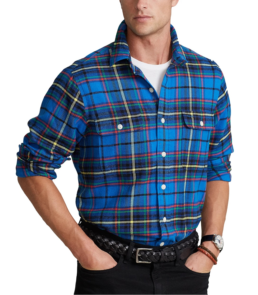 A person in a blue plaid shirtDescription automatically generated