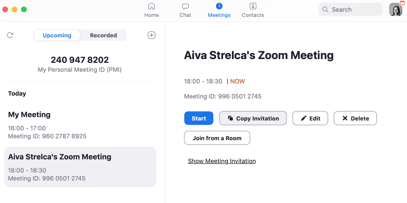 A screenshot of Zoom meeting details on the desktop app