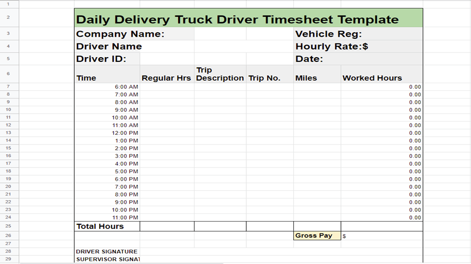 Daily Truck Driver Timesheet Template