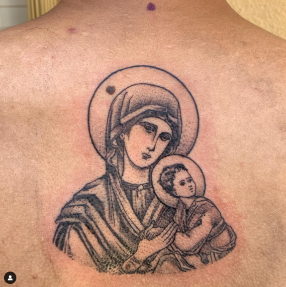 Mary And Jesus Tattoo On Back