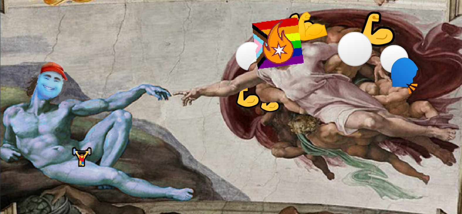 ID: The Creation of Adam by Michelangelo, edited so that Goobie Ballson is Adam, censored by the weightlifter emoji. The Chicago Firefighters take the place of God, while muscles and orbs take the place of the cherubs.