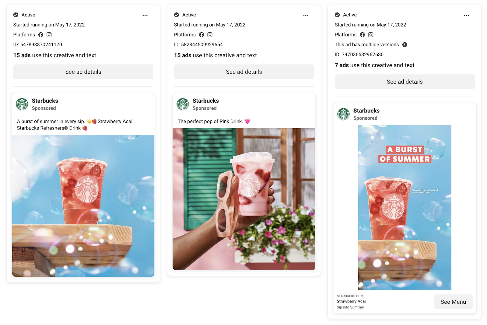 Screenshot of the Facebook Ad Library, featuring ads by Starbucks