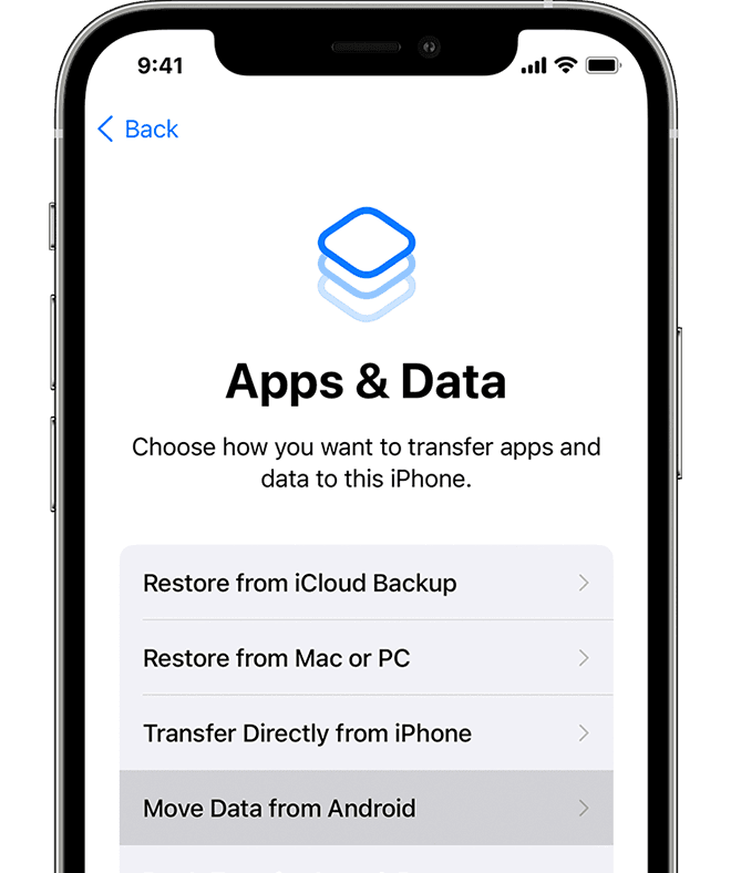 Apps and data screen on iOS