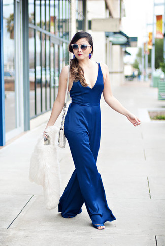 Women's White Fur Jacket, Blue Jumpsuit, Blue Satin Heeled Sandals, White Quilted Leather Crossbody Bag