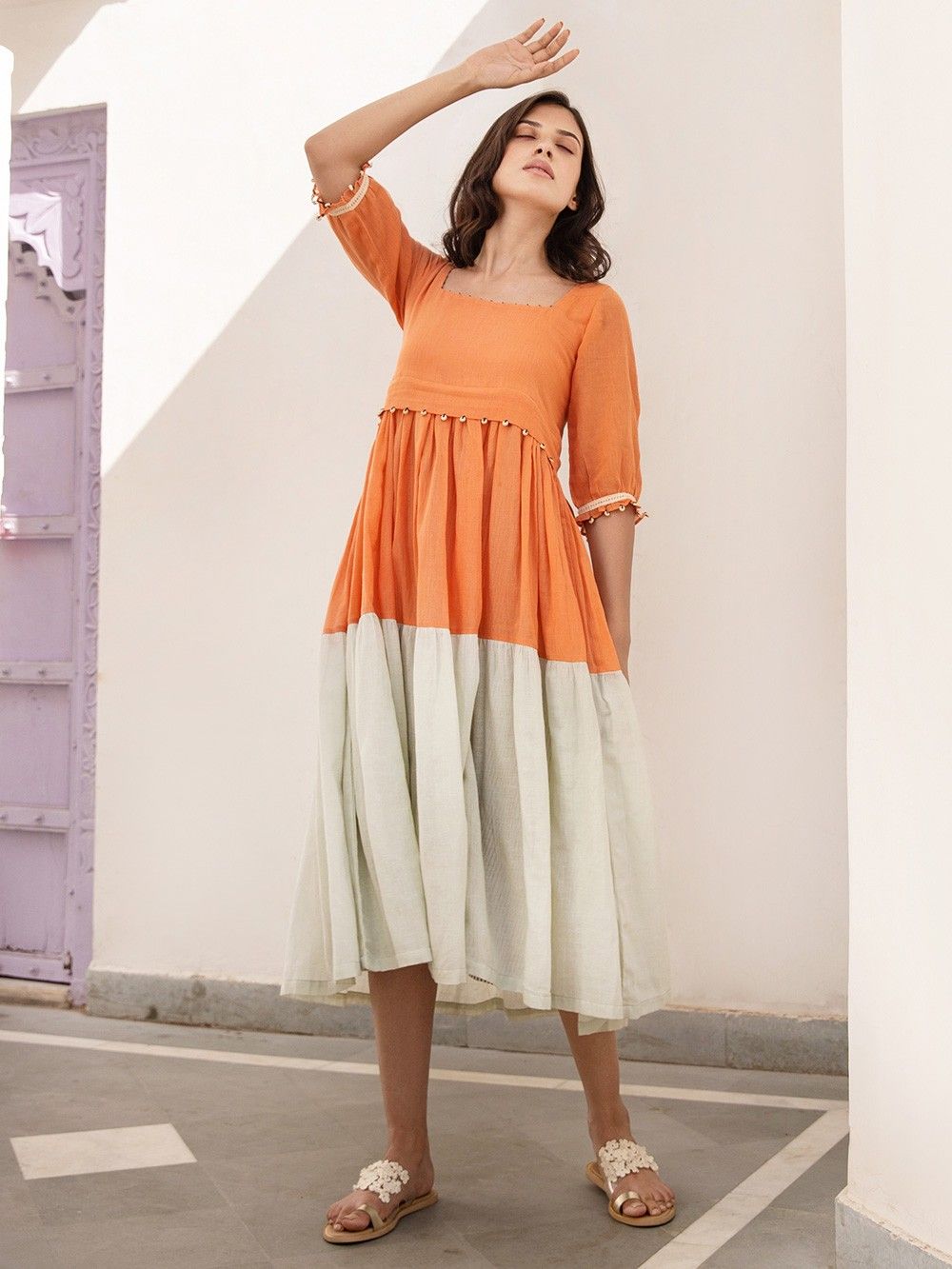 the loom - Orange Grey Linen Dress