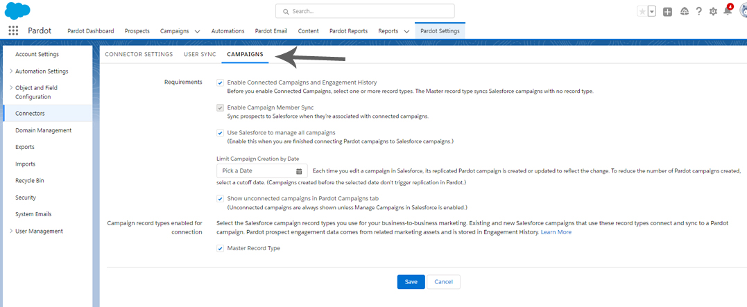 Pardot Settings, campaign tab