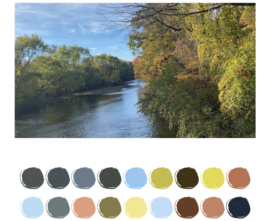 A river bed bordered by trees of different shades of green, under a blue sky. Below the image are two rows of nine colours each forming the colour palettes from the image.