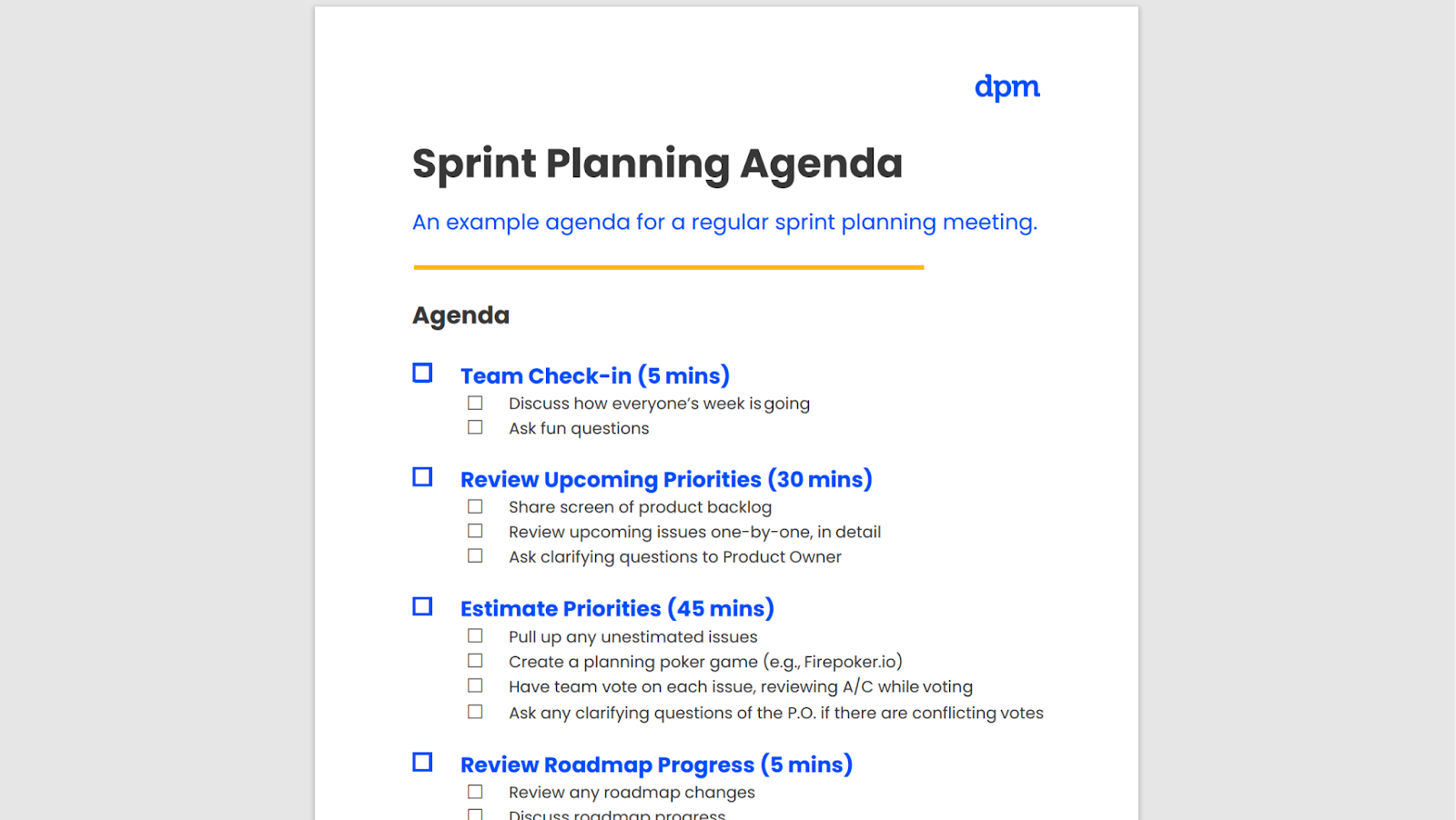 screenshot of the sprint planning agenda template