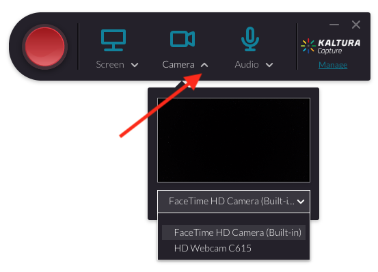 Kaltura capture toolbar with arrow pointing to the chevron next to the camera button